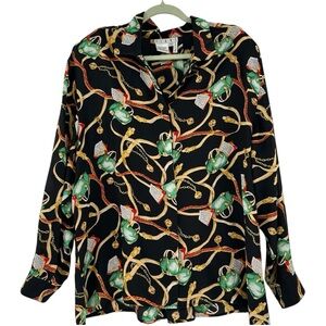 Vintage 100% Silk Blouse Novelty Print Chain Purse Print Size 3XL Piano Brand